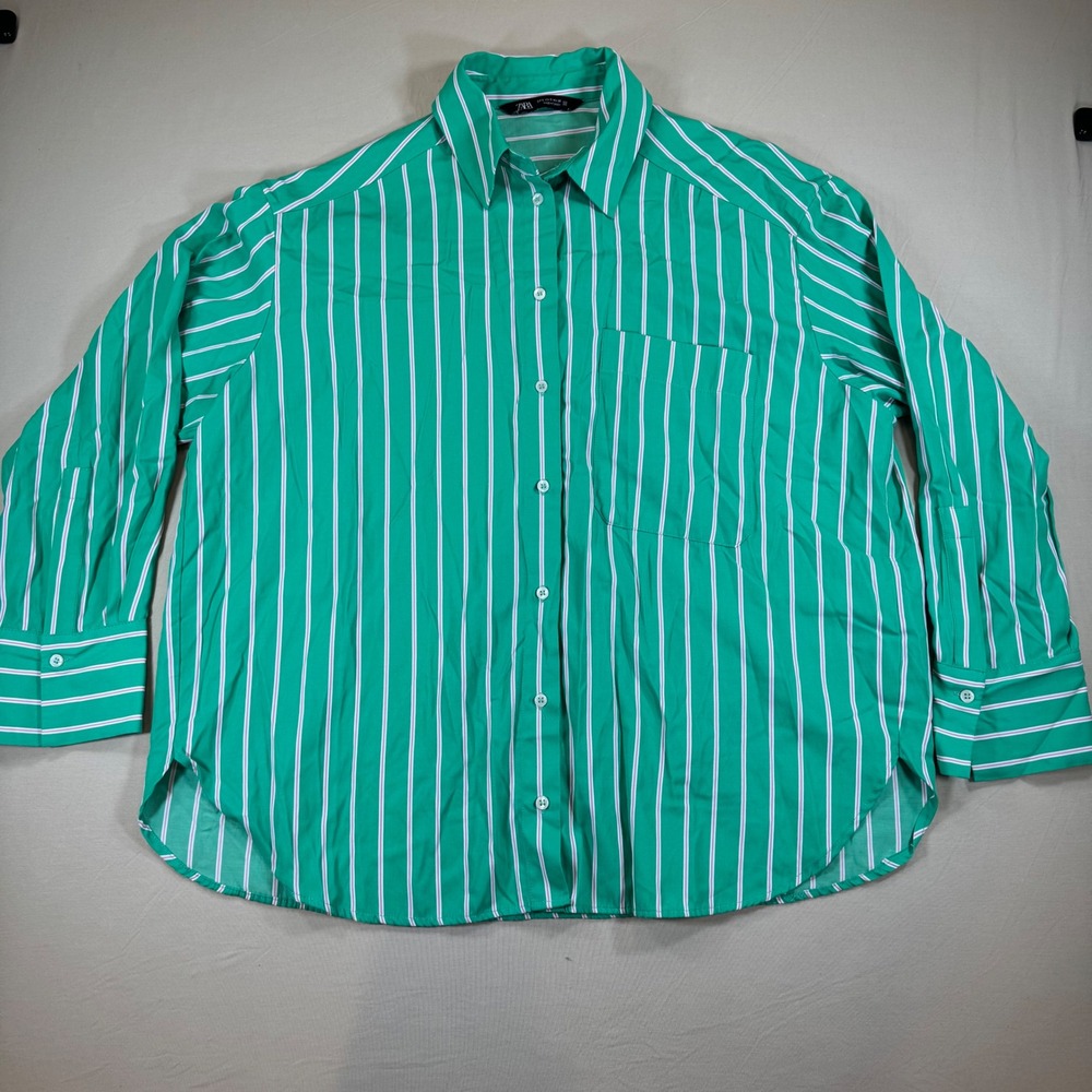 Zara Womens Green White Striped Oversized Button Down Shirt Long Sleeve Size S